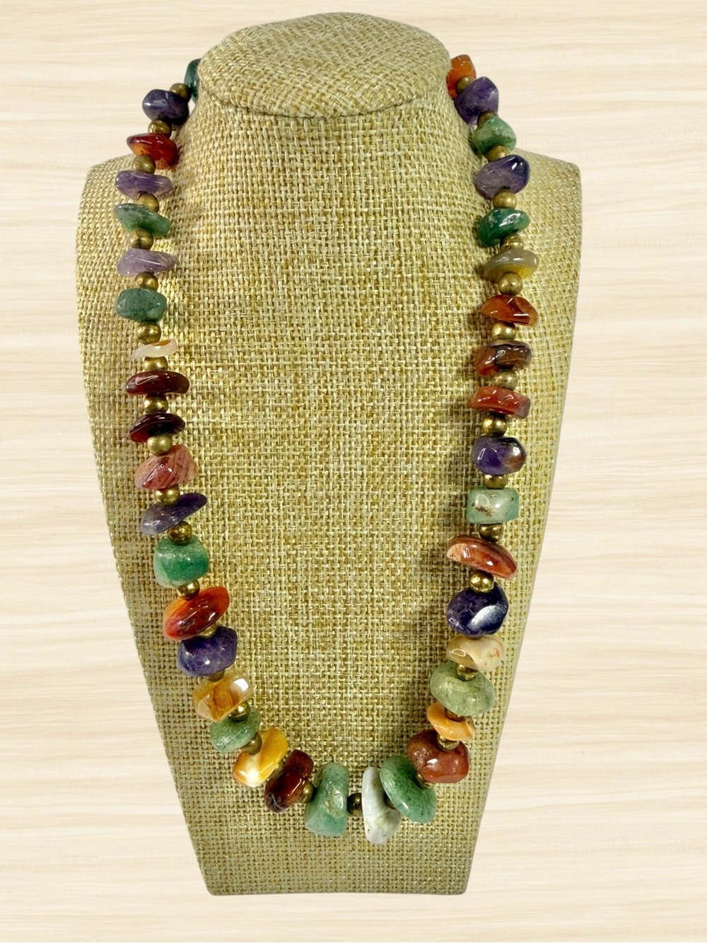 Vintage Polished Multi Gemstone Necklace 14” Jasper Jade Agate Quartz Amethyst